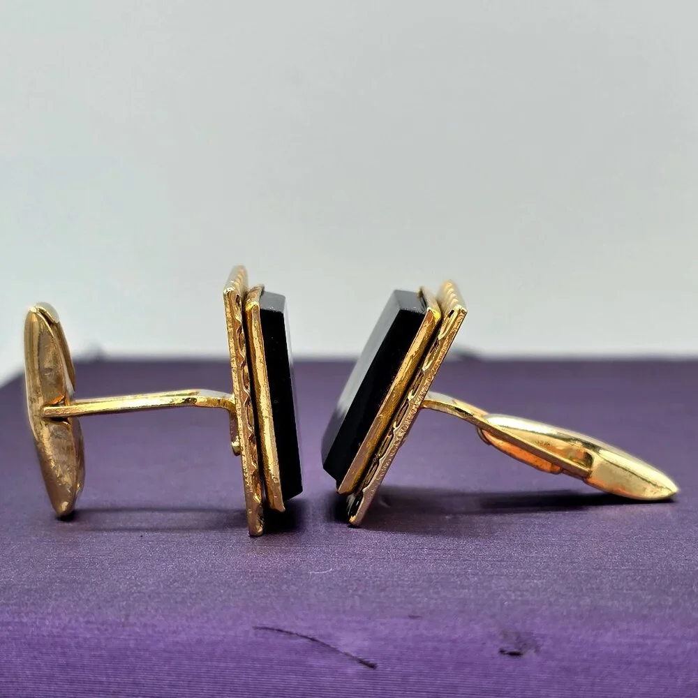 VTG Gold Finish Postage Stamp Rectangle Black MCM Mid Century Modern Cuff Links
